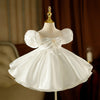 White A-Line Flower Girl Dress with Beaded Bow & Puff Sleeves