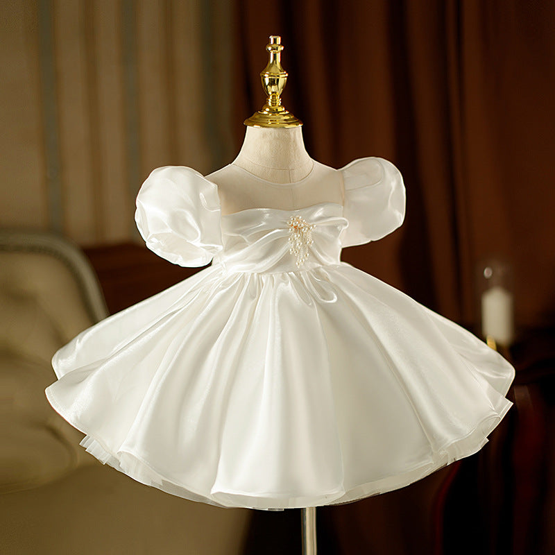 White A-Line Flower Girl Dress with Beaded Bow & Puff Sleeves