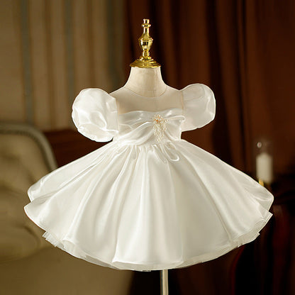 White A-Line Flower Girl Dress with Beaded Bow & Puff Sleeves