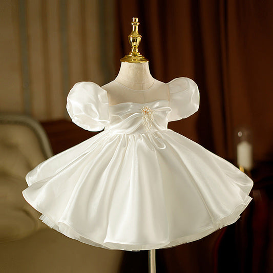 White A-Line Flower Girl Dress with Beaded Bow & Puff Sleeves