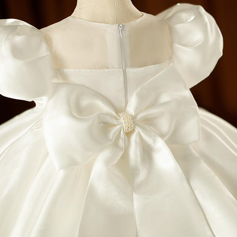 White A-Line Flower Girl Dress with Beaded Bow & Puff Sleeves
