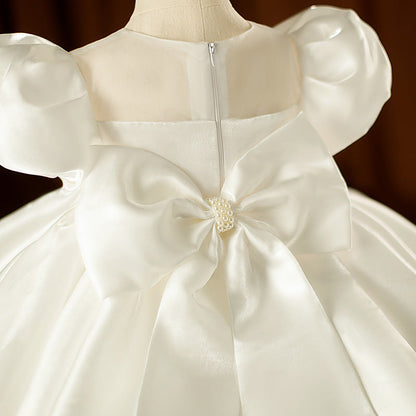 White A-Line Flower Girl Dress with Beaded Bow & Puff Sleeves