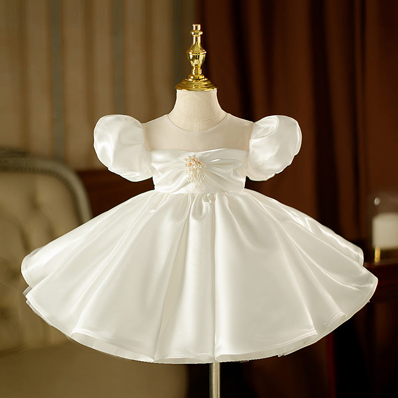 White A-Line Flower Girl Dress with Beaded Bow & Puff Sleeves