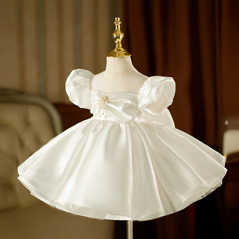 White A-Line Flower Girl Dress with Beaded Bow & Puff Sleeves