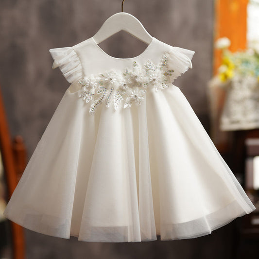 White A-Line Flower Girl Dress with Lace & Cap Sleeves