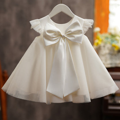 White A-Line Flower Girl Dress with Lace & Cap Sleeves