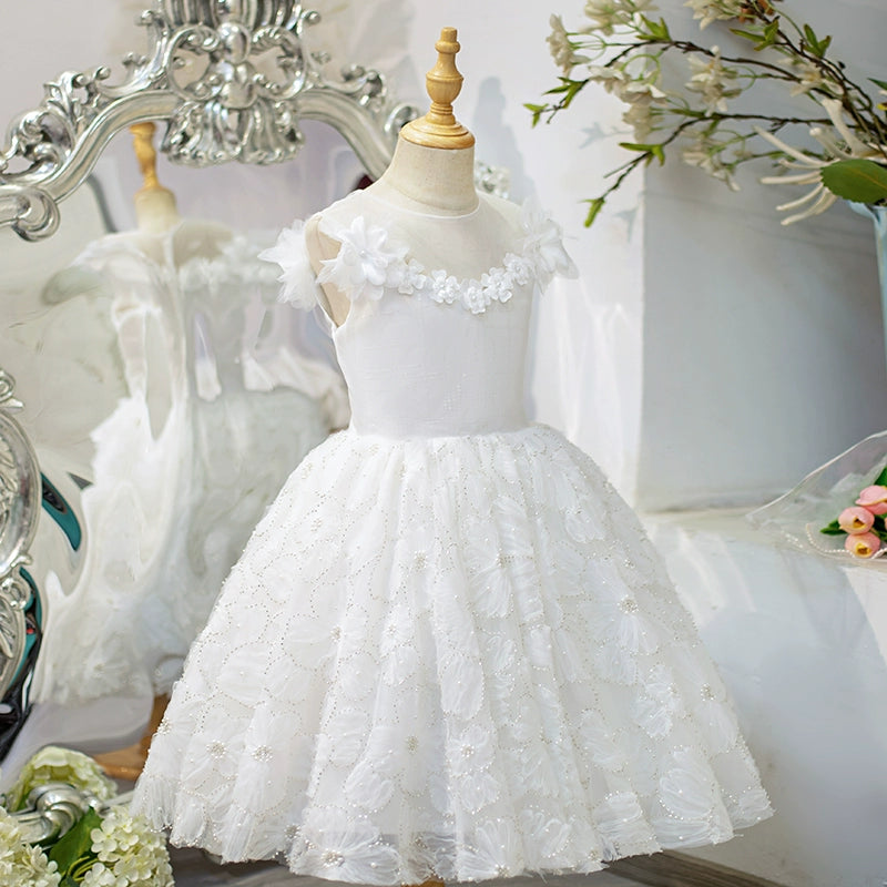 White A-Line Princess Flower Girl Dress – Lace & Tulle