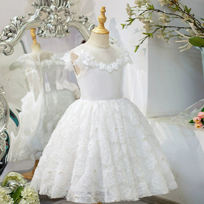 White A-Line Princess Flower Girl Dress – Lace & Tulle