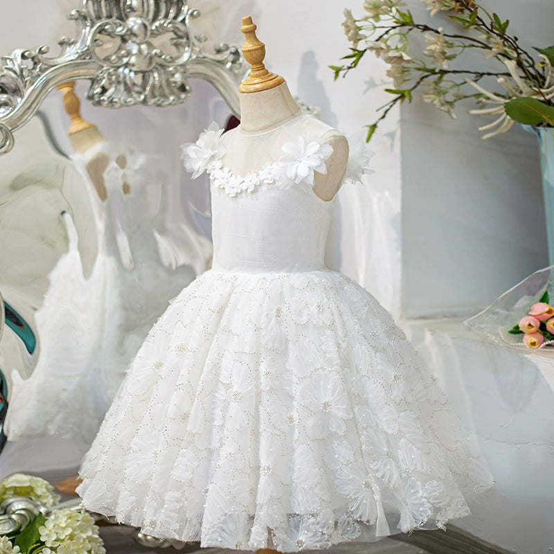 White A-Line Princess Flower Girl Dress – Lace & Tulle