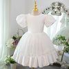 White A-Line Princess Flower Girl Dress with Puff Sleeves