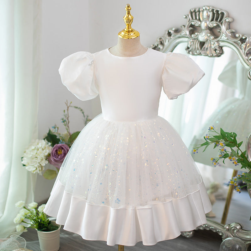 White A-Line Princess Flower Girl Dress with Puff Sleeves