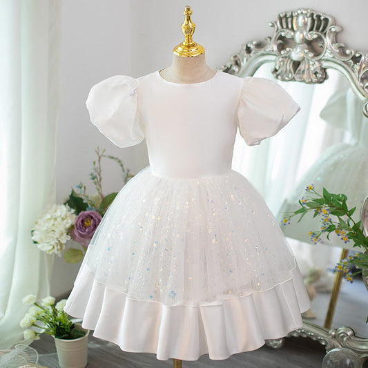 White A-Line Princess Flower Girl Dress with Puff Sleeves