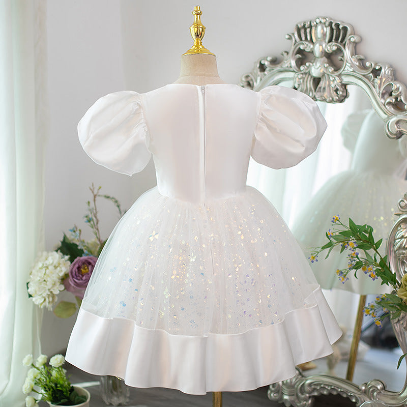 White A-Line Princess Flower Girl Dress with Puff Sleeves