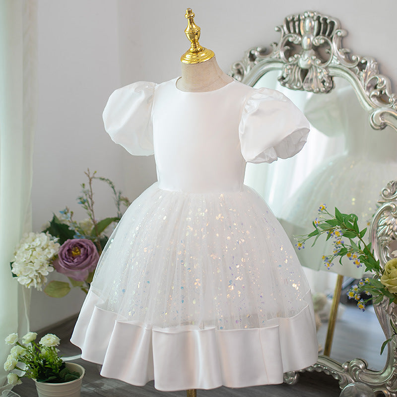 White A-Line Princess Flower Girl Dress with Puff Sleeves