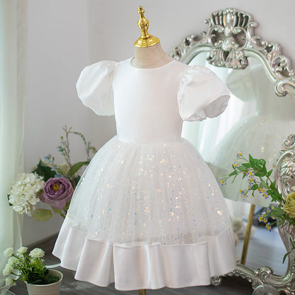 White A-Line Princess Flower Girl Dress with Puff Sleeves