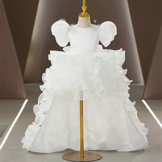 White A-Line Princess Flower Girl Dress with Ruffles and Pleats