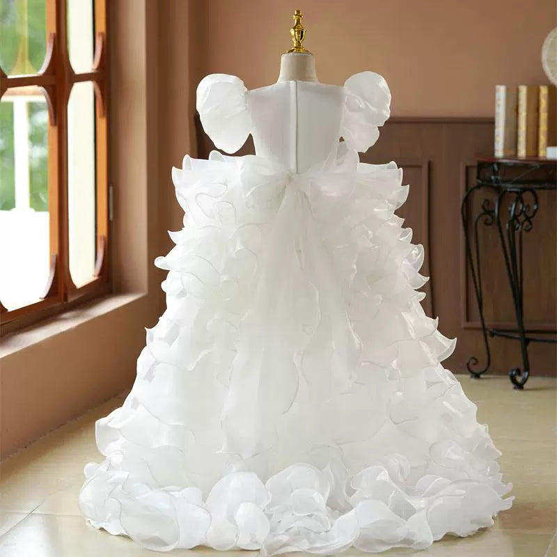 White A-Line Princess Flower Girl Dress with Ruffles and Pleats