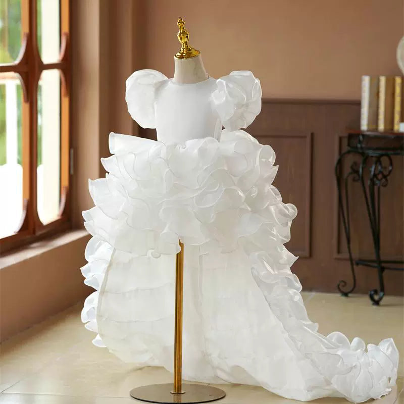 White A-Line Princess Flower Girl Dress with Ruffles and Pleats