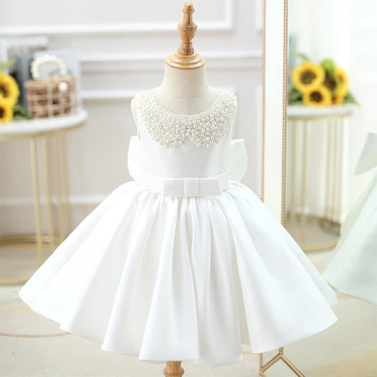 White A-Line Satin Flower Girl Dress with Beading and Bow