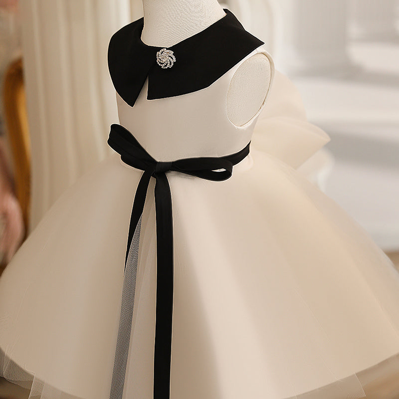 White A-line Tea-Length Flower Girl Dress with Collared Neck