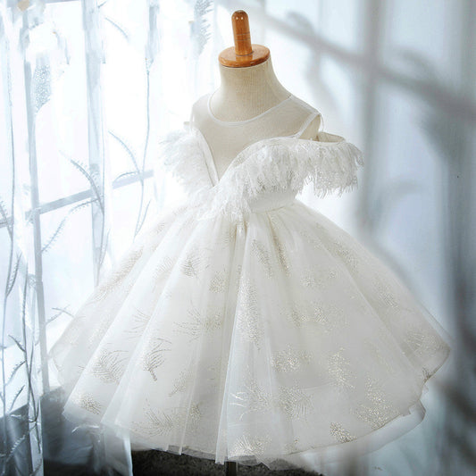 White A-Line Tea-Length Flower Girl Dress with V-Neck and Ruffles