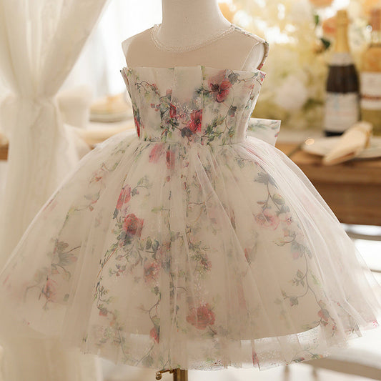 White A-line Tulle Flower Girl Dress with Floral Detail