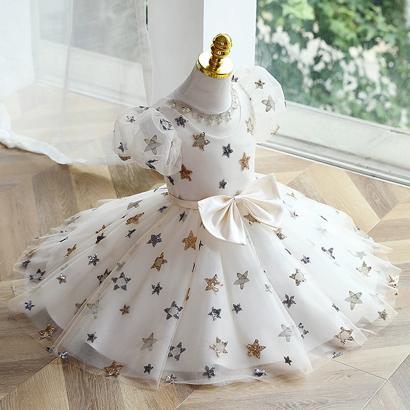 White Ball Gown Knee Length Girls Dress with Sequins and Bow - Special Occasion
