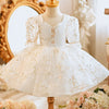 White Fluffy Princess Dress with Sequin Bow and Embroidery for Baby Girls