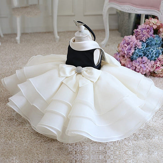 White Halter A-Line Flower Girl Dress - Ruffles & Bow