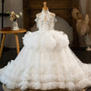 White Ivory Princess Flower Girl Dress with Lace and Sweep Train