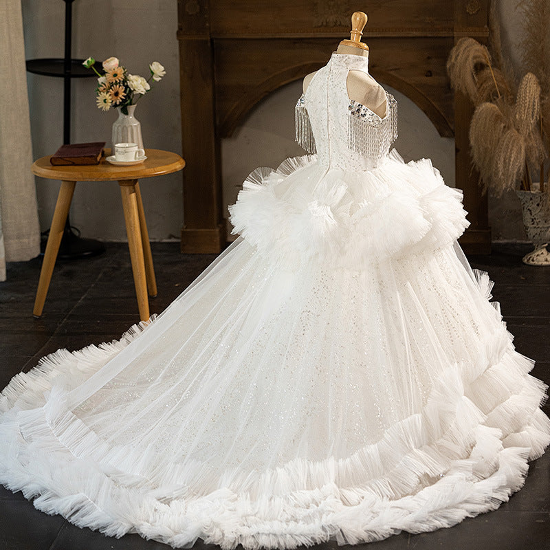 White Ivory Princess Flower Girl Dress with Lace and Sweep Train