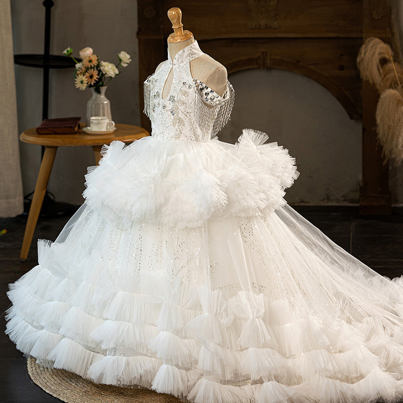 White Ivory Princess Flower Girl Dress with Lace and Sweep Train