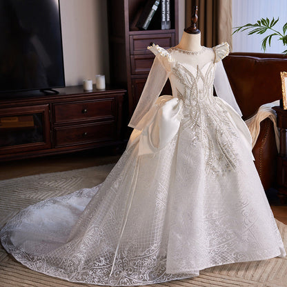 White Lace & Sequin A-Line Flower Girl Dress - Floor Length