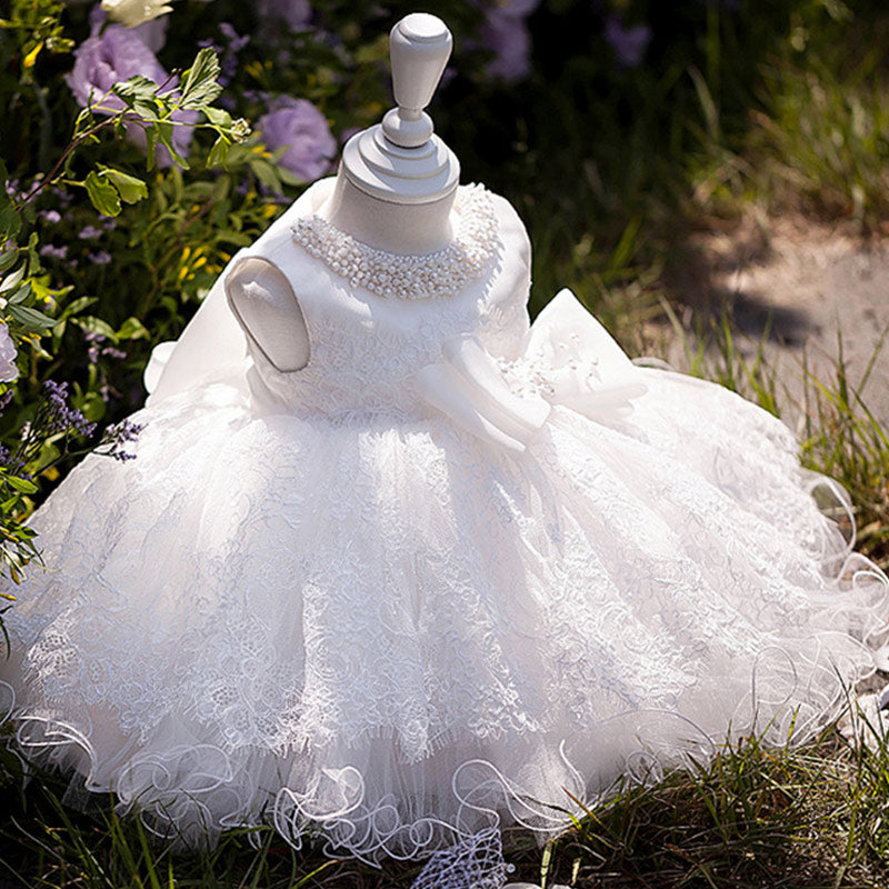 White Lace A-Line Flower Girl Dress – Tea Length