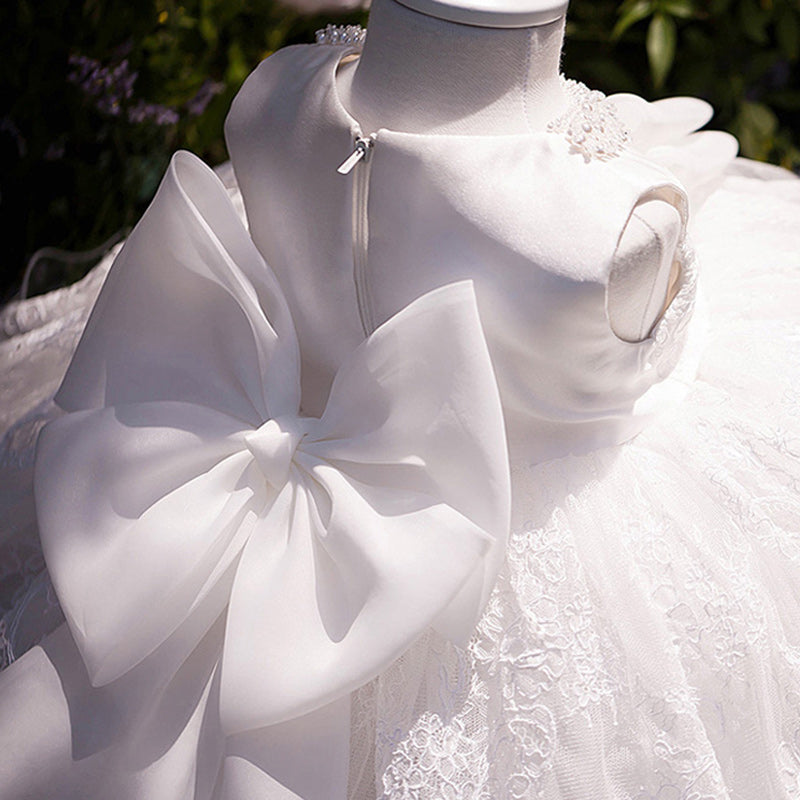 White Lace A-Line Flower Girl Dress – Tea Length