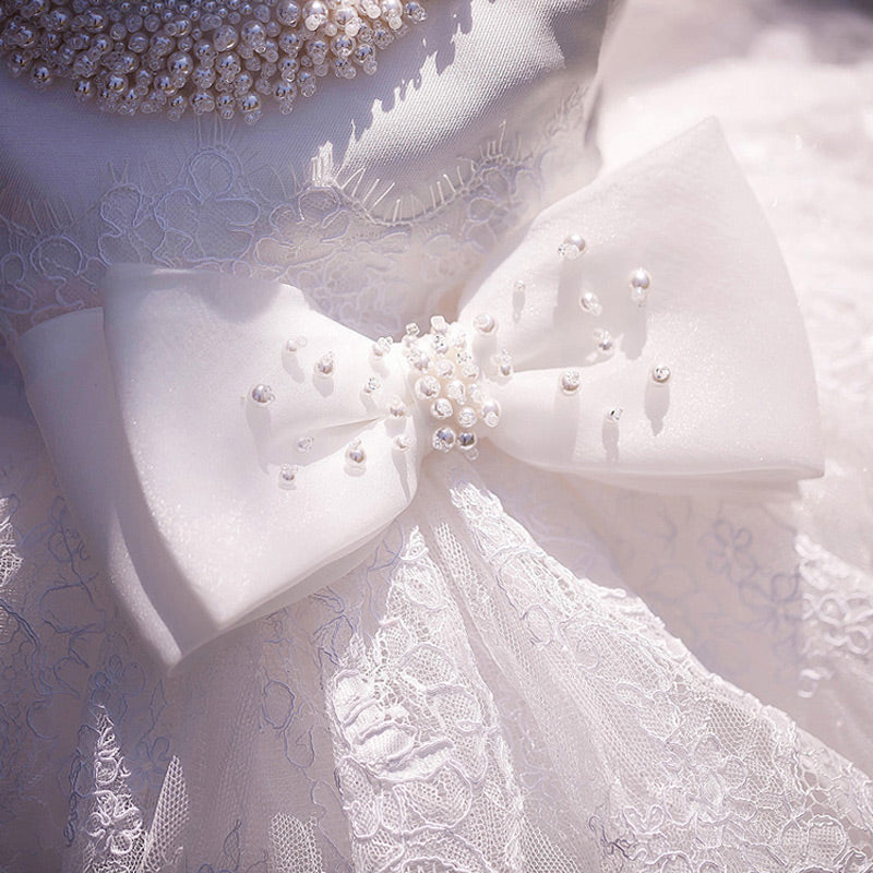 White Lace A-Line Flower Girl Dress – Tea Length