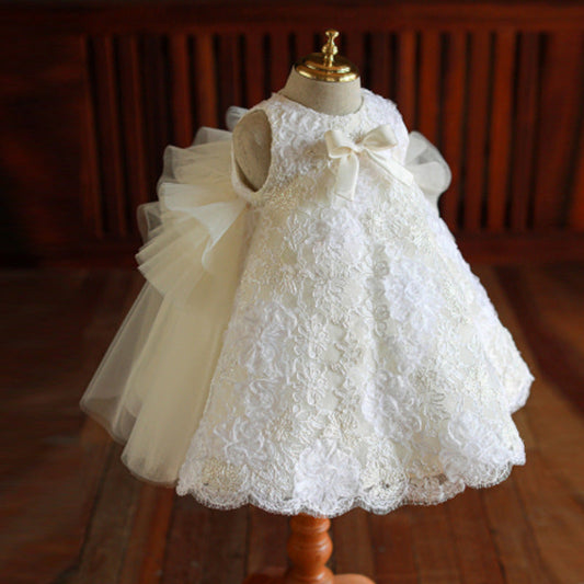 White Lace A-Line Flower Girl Dress - Tea Length Elegance