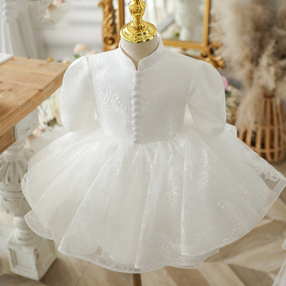 White Lace A-Line Flower Girl Dress with Puff Half Sleeves