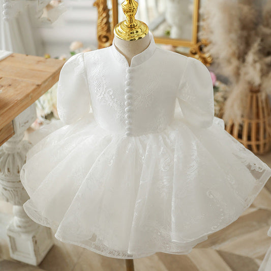 White Lace A-Line Flower Girl Dress with Puff Half Sleeves