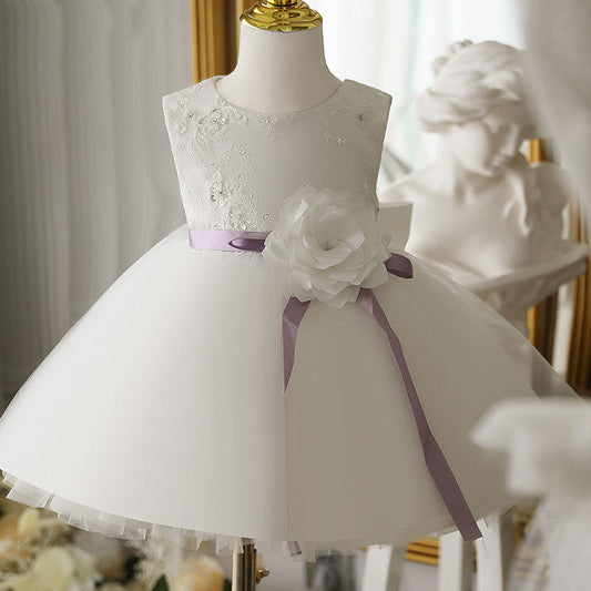 White Lace Organza Flower Girl Dress | Boat Neck