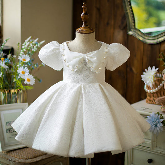White Lace Princess Dress | Square Neck Puff Sleeves
