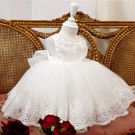White Lace Princess Flower Girl Dress Beaded Sleeveless Tea