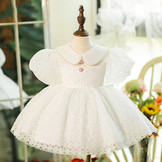 White Lace Princess Flower Girl Dress - Collared Neck