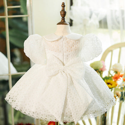 White Lace Princess Flower Girl Dress - Collared Neck