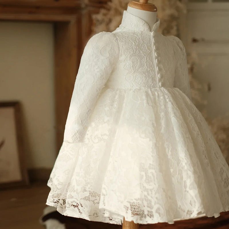 White Lace Princess Flower Girl Dress Mock Neck Lantern Sleeve