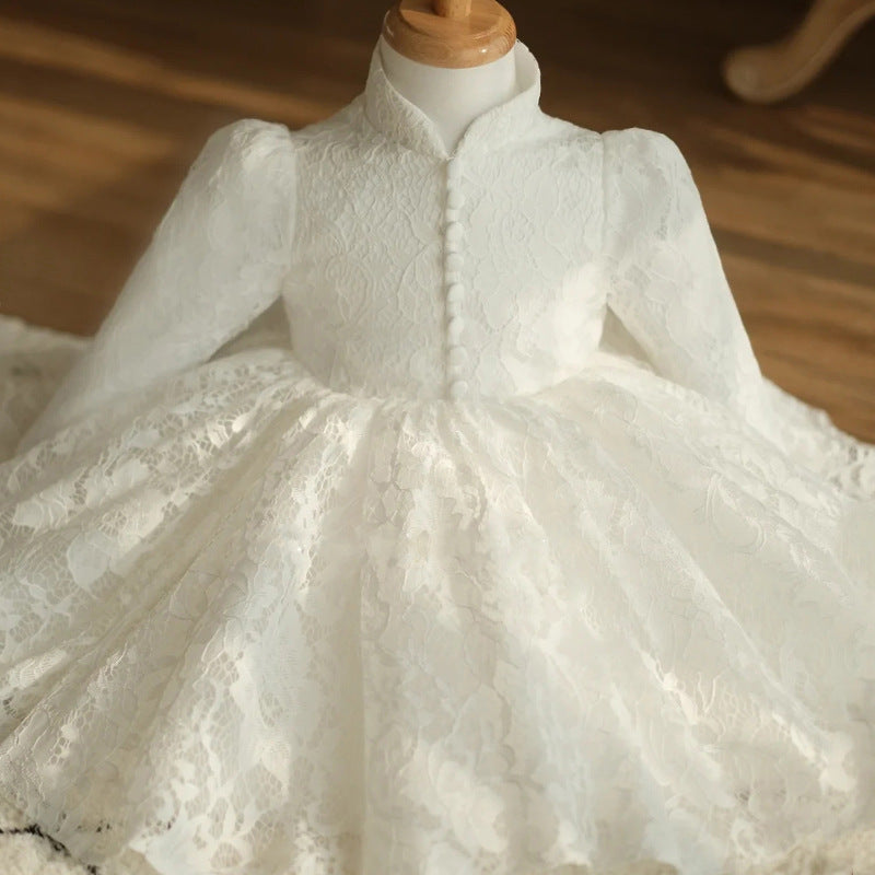 White Lace Princess Flower Girl Dress Mock Neck Lantern Sleeve