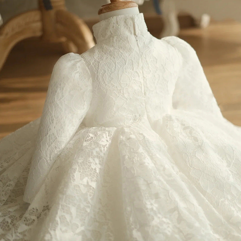 White Lace Princess Flower Girl Dress Mock Neck Lantern Sleeve