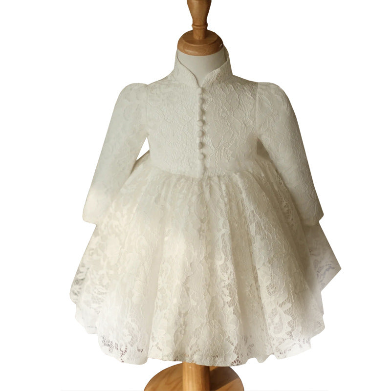 White Lace Princess Flower Girl Dress Mock Neck Lantern Sleeve