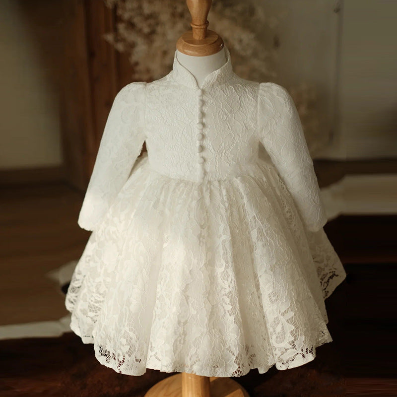 White Lace Princess Flower Girl Dress Mock Neck Lantern Sleeve