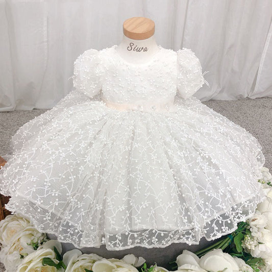 White Lace Princess Flower Girl Dress Short Puff Sleeve Tea